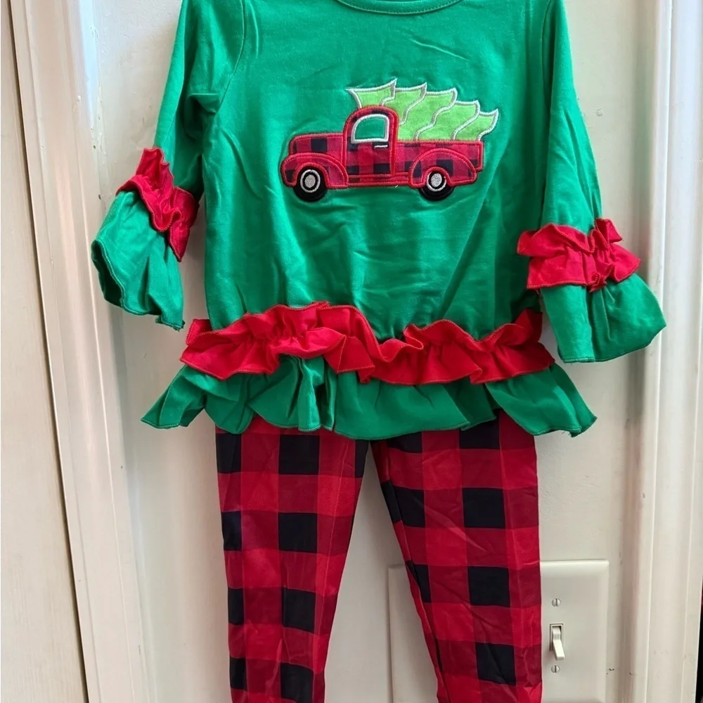 New Christmas Tree Truck Ruffled Tunic & Leggings Set